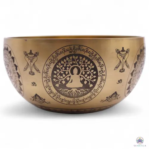 Set de 4 Bols Chantants Laiton Gravés Yogi et Chakras – Emboîtables, Sans Maillet 4 Paroi extérieure d'un bol : Bouddha assis sous l'arbre de l'Éveil dans un cercle de mantras, conques de chaque côté