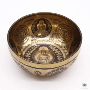 Bol chantant népalais martelé de 21 cm, intérieur gravé de cinq Bouddhas, de mantras et de nœuds sans fin