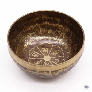 Bol chantant népalais martelé de 16 cm, patine sombre, mantra Om Mani Padme Hum gravé en doré dedans et dehors