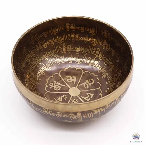 Bol Chantant Népalais Martelé 16 cm – Om Mani Padme Hum Gravé, Vendu Seul 1 Bol chantant népalais martelé de 16 cm, patine sombre, mantra Om Mani Padme Hum gravé en doré dedans et dehors