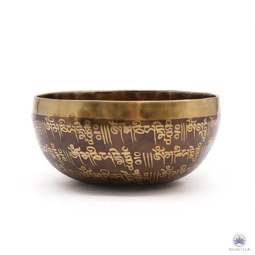 Bol Chantant Népalais Martelé 16 cm – Om Mani Padme Hum Gravé, Vendu Seul 3 Bol chantant de 16 cm vu de profil, trois rangées de mantras tibétains gravés en doré sur la patine brune