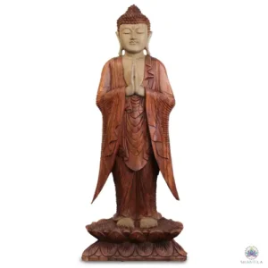 Grande statue de Bouddha debout en bois de suar, 100 cm, mains jointes, robe brun-rouge et socle en lotus