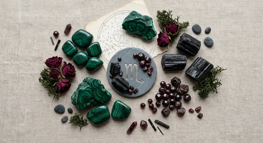 Pierres du Scorpion : bien les choisir et les utiliser 1 Flat lay de pierres du Scorpion — malachite, tourmaline noire et grenat — sur lin beige avec glyphe du Scorpion, pierre pour le Scorpion Shantila