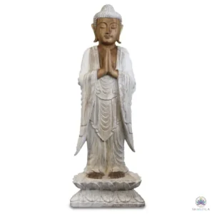 Grande statue de Bouddha debout en bois blanchi, 100 cm, mains jointes, visage et mains en bois naturel