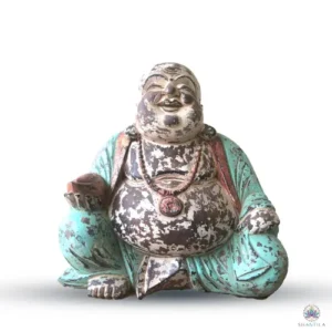 Statue de Bouddha rieur en bois sculpté et peint, robe vert menthe patinée, lingot dans la main droite