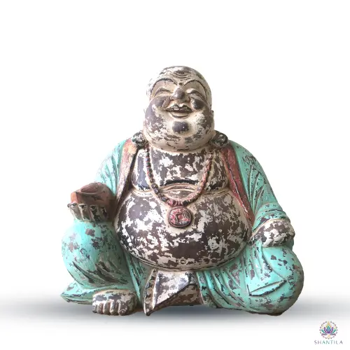 Statue Bouddha Rieur en Bois Peint et Patiné – Vert Menthe, 40 cm 1 Statue de Bouddha rieur en bois sculpté et peint, robe vert menthe patinée, lingot dans la main droite