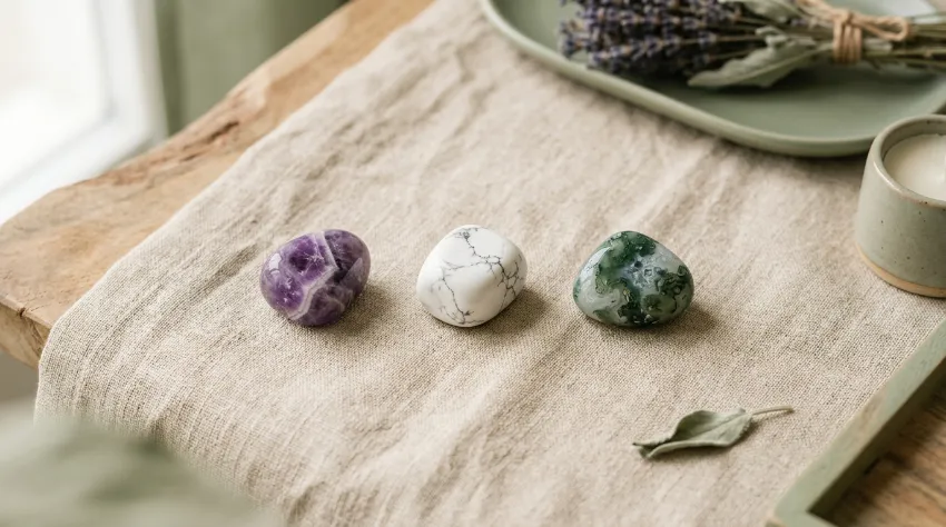 Améthyste, howlite et agate mousse : pierres anti-stress posées sur un tissu de lin sable
